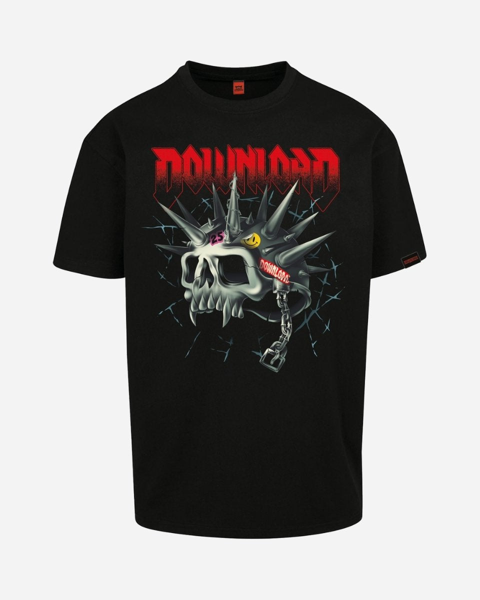 The Skull Crusher T-Shirt by 2025 features a black design with a spiked skull in sunglasses, bold red DOWNLOAD text above, barbed wire details, and a chain hanging from one spike.