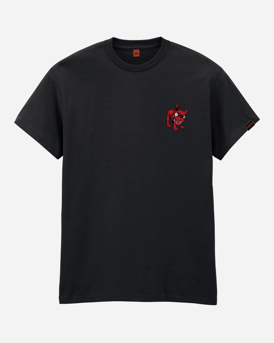 The 2025 Typeface Takeover T-Shirt is a black short-sleeve tee with a small embroidered red devil cartoon on the left chest, shown laid flat on a plain light background.