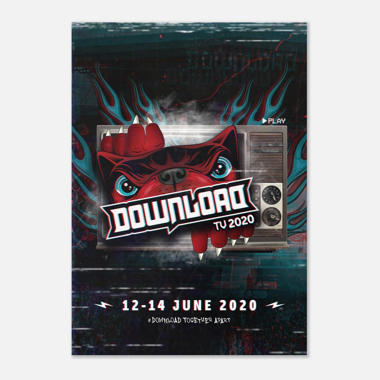 The Download 2020 Line Up Poster A2 from Download Festival Shop shows a red beast with a retro TV and DOWNLOAD logo, event dates 12-14 June 2020, and Download Together Apart tagline on blue/black FSC-certified paper.