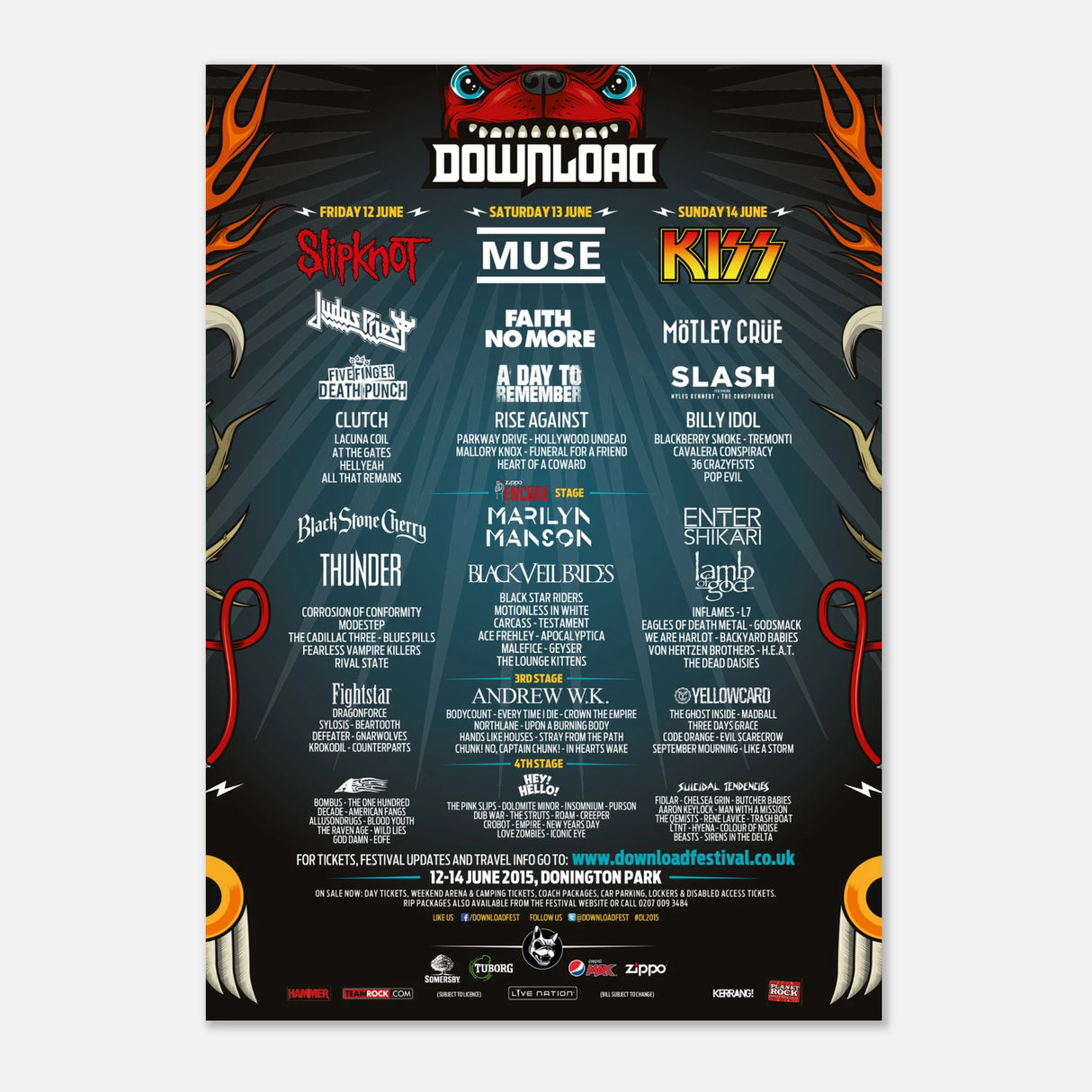 The Download Festival Shop’s Download 2015 Line Up Poster A2, printed on FSC-certified semi-glossy paper, displays band names like Slipknot, Muse, Kiss, Judas Priest, Mötley Crüe, Marilyn Manson plus event dates and festival details in vibrant color.