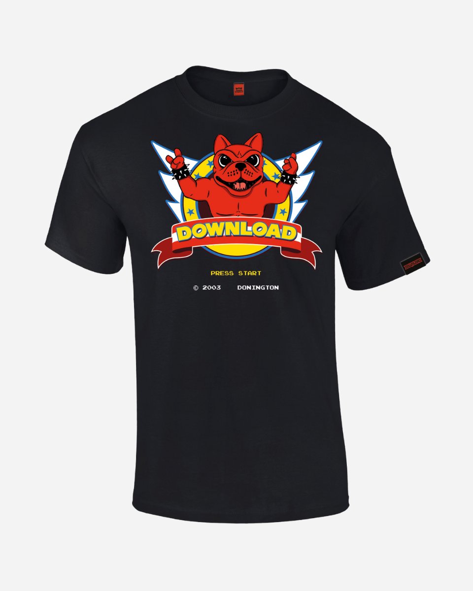 Retro Gamer T-Shirt by 2025: Black tee with a red cartoon dog wearing sunglasses and horns, flashing the rock sign above a Download banner and Press Start video game text. © 2024 Donington.