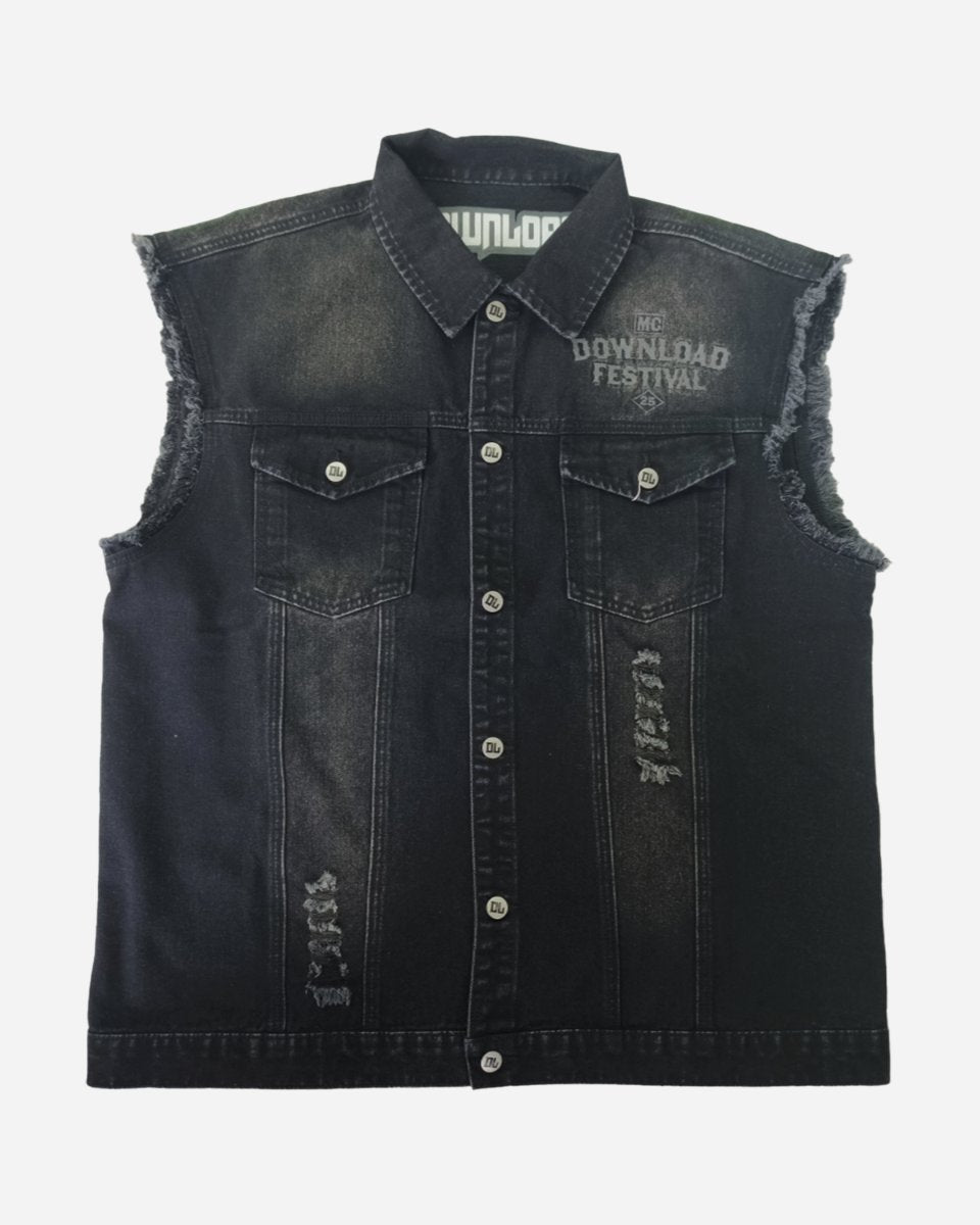 The Motorcycle Club Battle Jacket by 2025 is a sleeveless black denim vest with frayed armholes, chest pockets, faded and distressed details, front button closure, and “Download Festival” printed on the left chest.