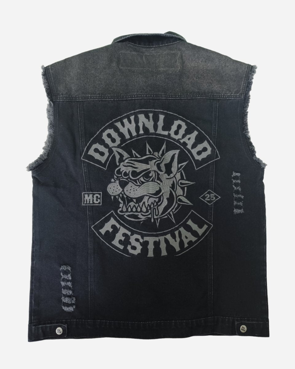 The Motorcycle Club Battle Jacket by 2025 is a black, sleeveless denim vest with frayed armholes, a spiked bulldog graphic and Download Festival on the back, plus patches reading MC and 25.