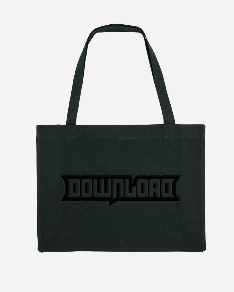The 2025 Download Embossed Logo Tote Bag is black with “DOWNLOAD” in bold, angular uppercase letters centered on the front. It features two handles and a plain background for a modern, edgy look.