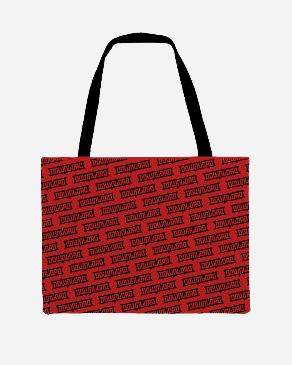 The 2025 Download Embossed Logo Tote Bag is a rectangular tote with black handles, showcasing a bold DOWNLOAD pattern on a red background.
