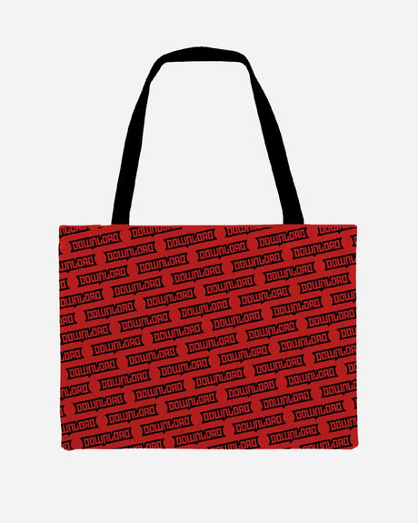 The 2025 Download Embossed Logo Tote Bag is a rectangular tote with black handles, showcasing a bold DOWNLOAD pattern on a red background.