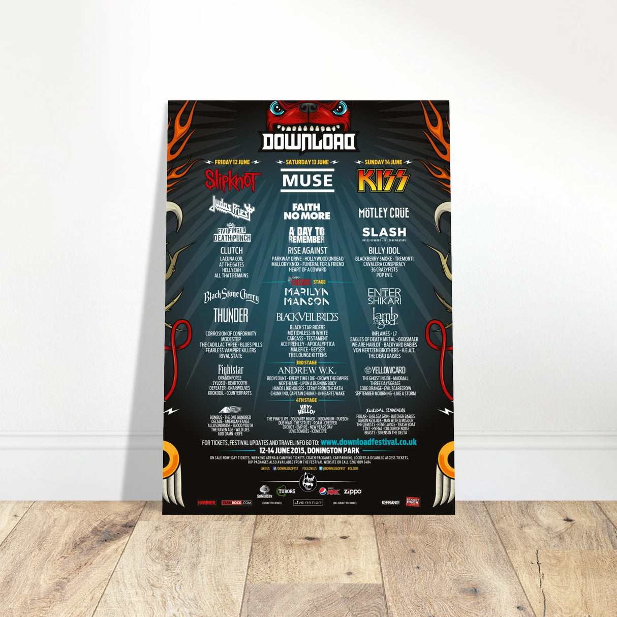 The Download 2015 Line Up Poster A2 from Download Festival Shop features headliners Slipknot, Muse, and Kiss, with band names, dates (12-14 June 2015), and Donington Park on a black background with graphics, printed on FSC-certified semi-glossy paper.