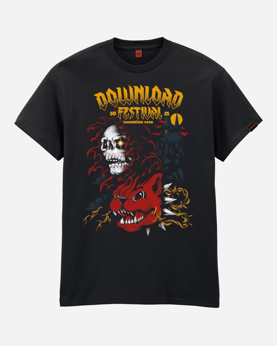 The Download Castle 2025 Event T-Shirt by 2025 features festival text, a smoky skull, red snarling monster, and lightning on black with dark, fiery details for a bold look.