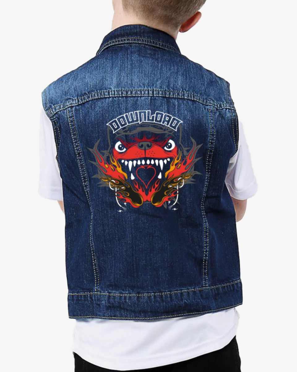 Back of the Kids’ blue denim battle jacket featuring a large graphic of the Download Festival dog logo with flames and 'Download' text above, worn over a white T-shirt.