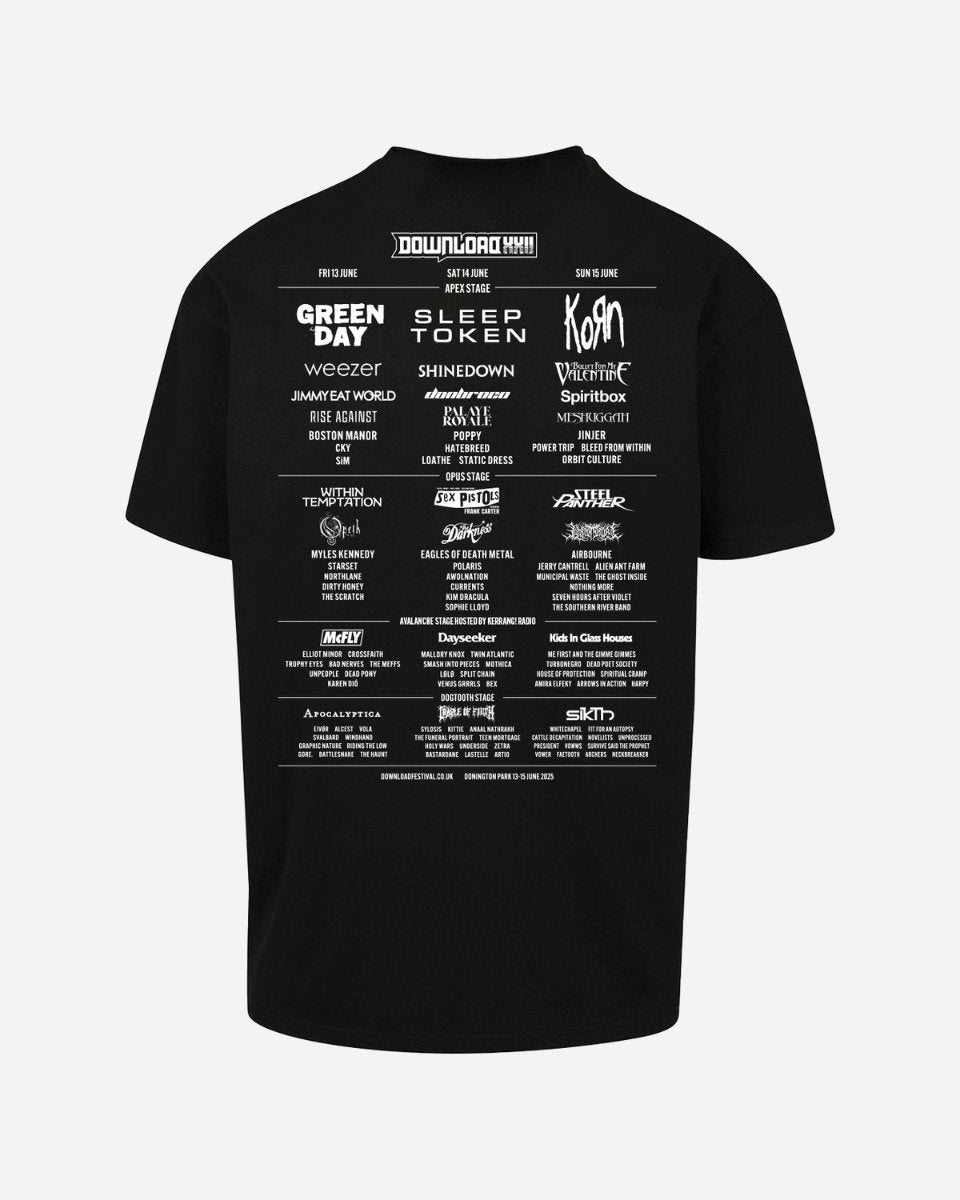 The Download Castle 2025 Event T-Shirt by 2025 features a black design with white text on the back, listing bands like Green Day, Sleep Token, Korn, and more in columns under the festival logo as part of the event lineup.