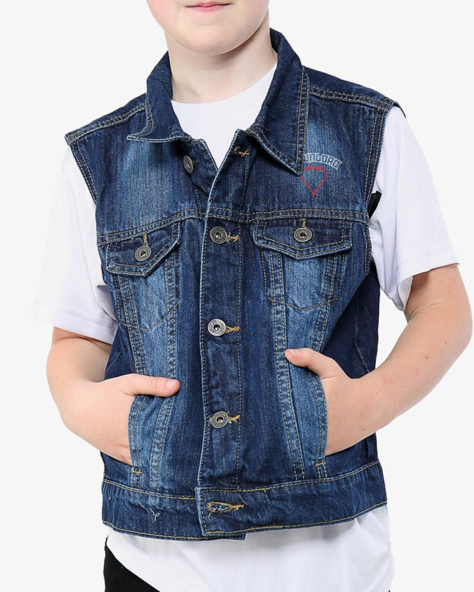 Front of the Kids’ blue denim battle jacket featuring button fastenings and a small printed 'Download' logo with a red heart detail on the left chest, worn over a white T-shirt.