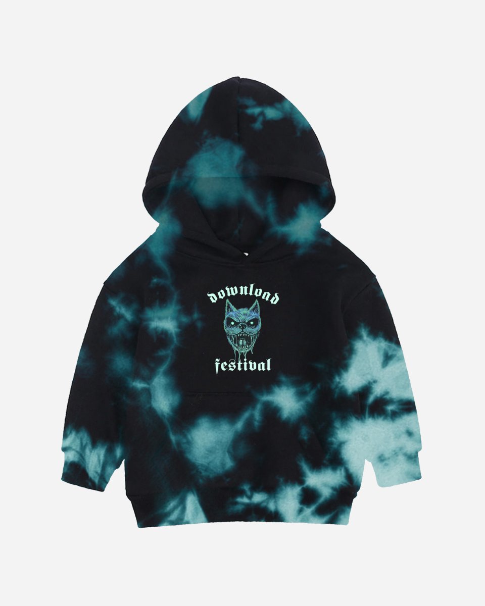 The Kids Tie Dye 2025 Event Hoodie by 2025 is a black and teal tie-dye hoodie with a hood and a front graphic of a cat’s face and “download festival” above it.