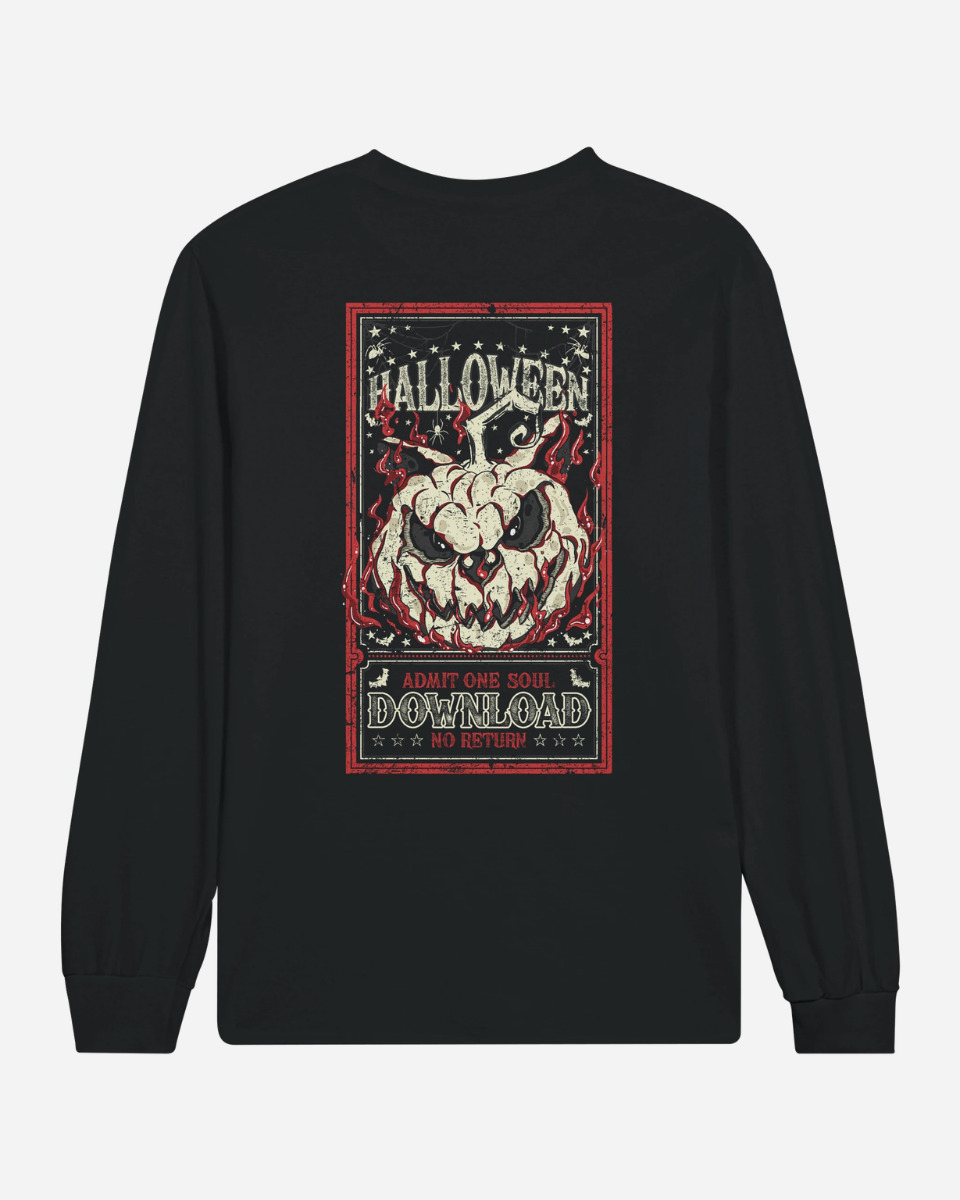 The Download Admit One Soul Black Long-Sleeve T-Shirt from the Download Festival Shop is a unisex black longsleeve tee featuring a Halloween-themed flaming skull graphic and bold red, white, and green text that reads HALLOWEEN, ADMIT ONE SOUL, DOWNLOAD, and NO RETURN. Combining comfortable casual wear with spooky style, this classic long-sleeve shirt is perfect for anyone wanting to add an edgy vibe to their wardrobe.