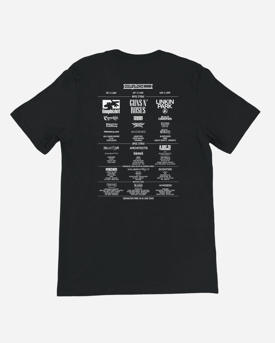 Black t-shirt with white text on the back on a white background
