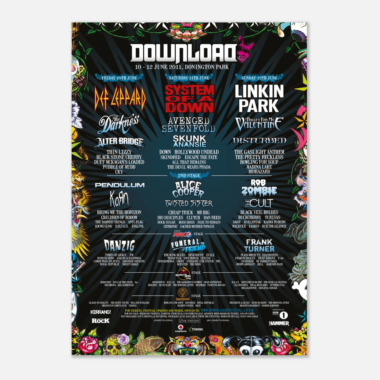 Download 2011 Line Up Poster A2 from Download Festival Shop featuring headliners Def Leppard, System of a Down, and Linkin Park with festival-themed graphics on semi-glossy paper, set against a dark ornate background.