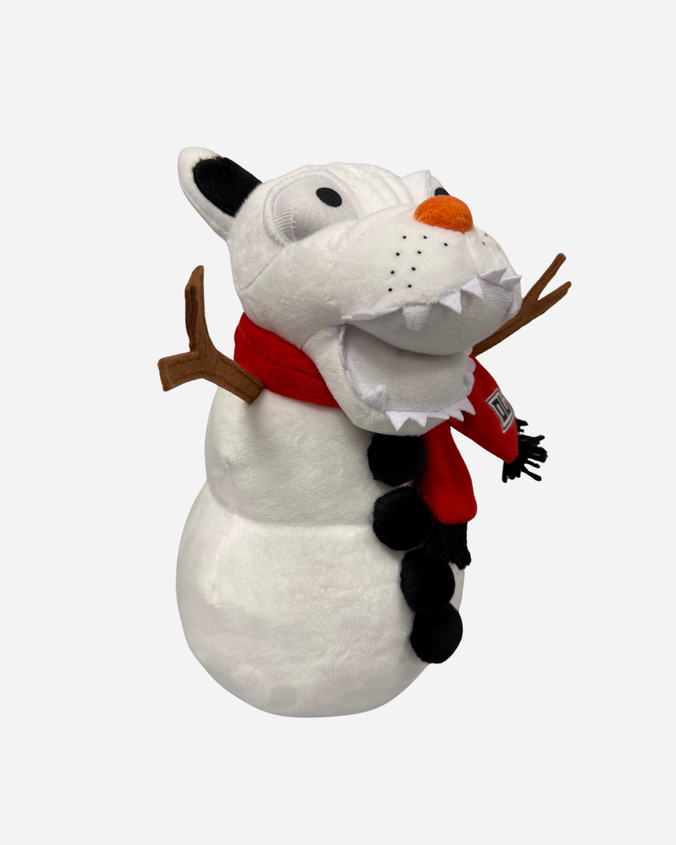 The Download 2026 Download Snowdog Plush is a cartoonish white dog designed as a snowman, featuring felt teeth, branch arms, a red scarf, and black pom-pom buttons, shown on a plain white background.