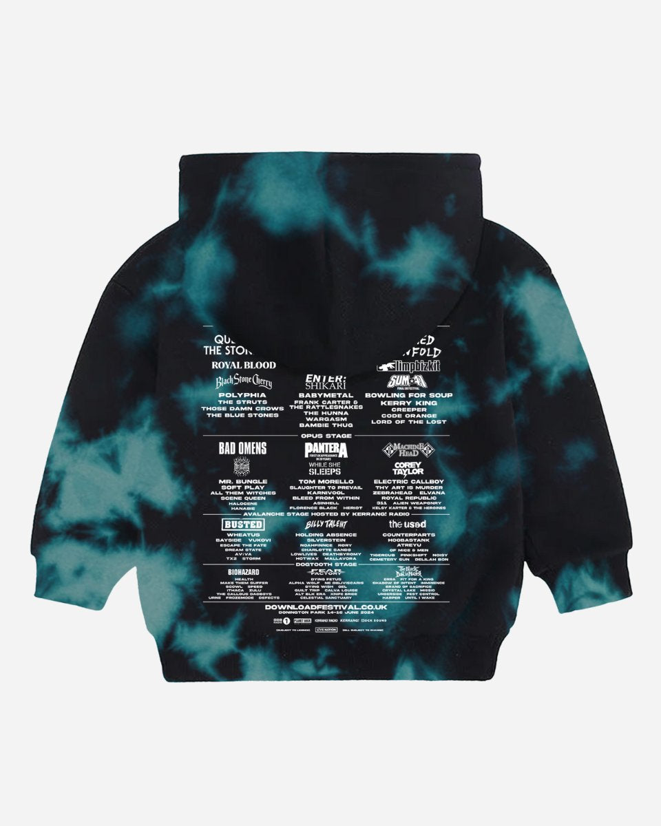 The Kids Tie Dye 2025 Event Hoodie by 2025 features a black and teal tie-dye design with white band names and logos printed on the back, mimicking a concert tour lineup.