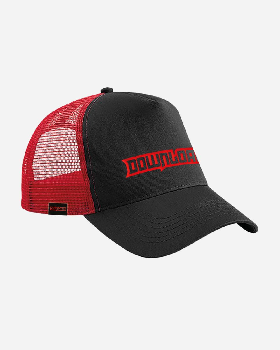 The Download Logo Flame Trucker Cap by 2025 is a black and red mesh-back hat featuring bold red DOWNLOAD lettering on the front.