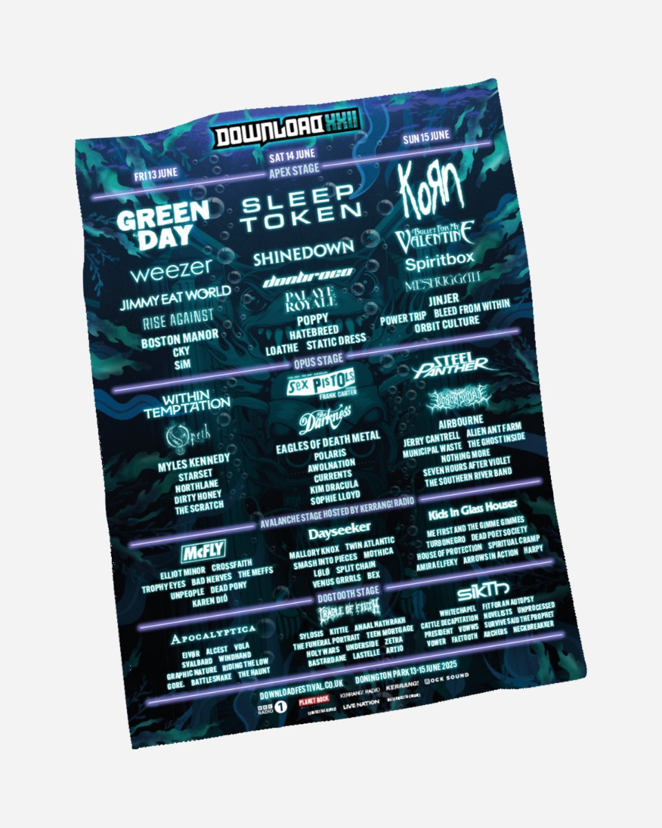 The Download XXII Line Up Tea Towel by 2025 features the Download Festival 2024 band lineup for Friday, Saturday, and Sunday—including Green Day, Sleep Token, and Korn—plus more bands and event details on a blue-purple abstract background.