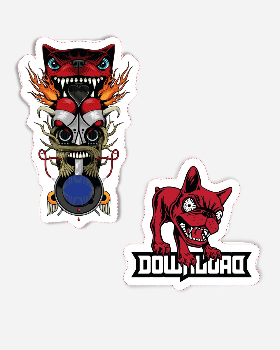 The 2025 Car Stickers (Pack of 2) includes a red flaming monster face with fangs and multiple eyes, plus a red cartoon dog above “DOWNLOAD” in bold block letters.