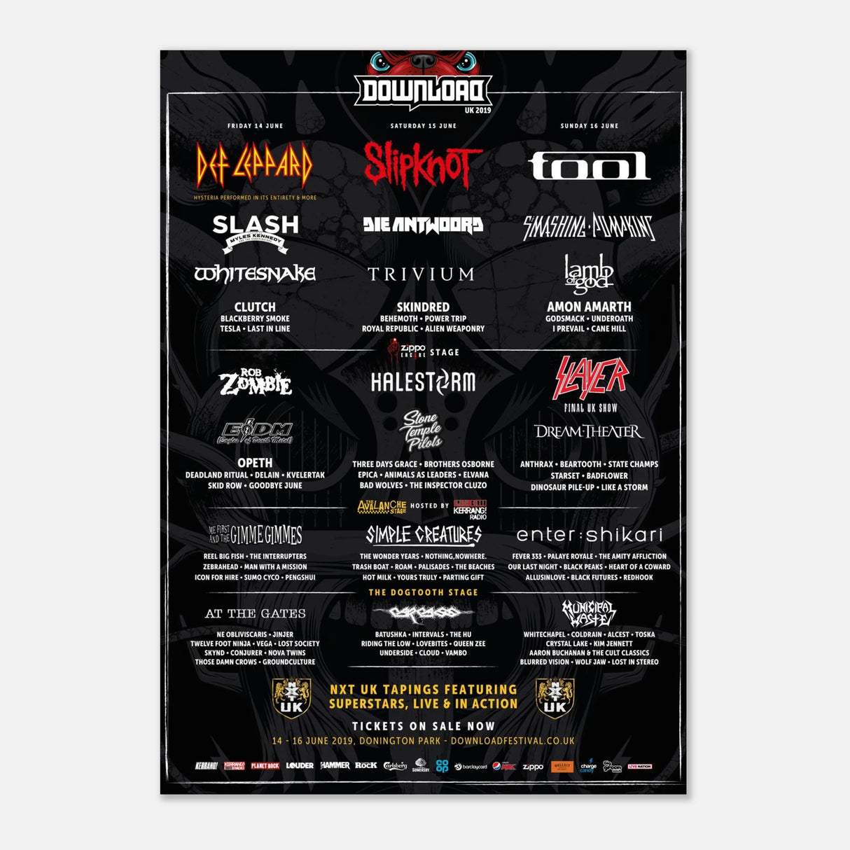 The Download 2019 Line Up Poster A2 from Download Festival Shop features headliners Def Leppard, Slipknot, and Tool with band names, schedule, and stage info on a dark, semi-glossy print.