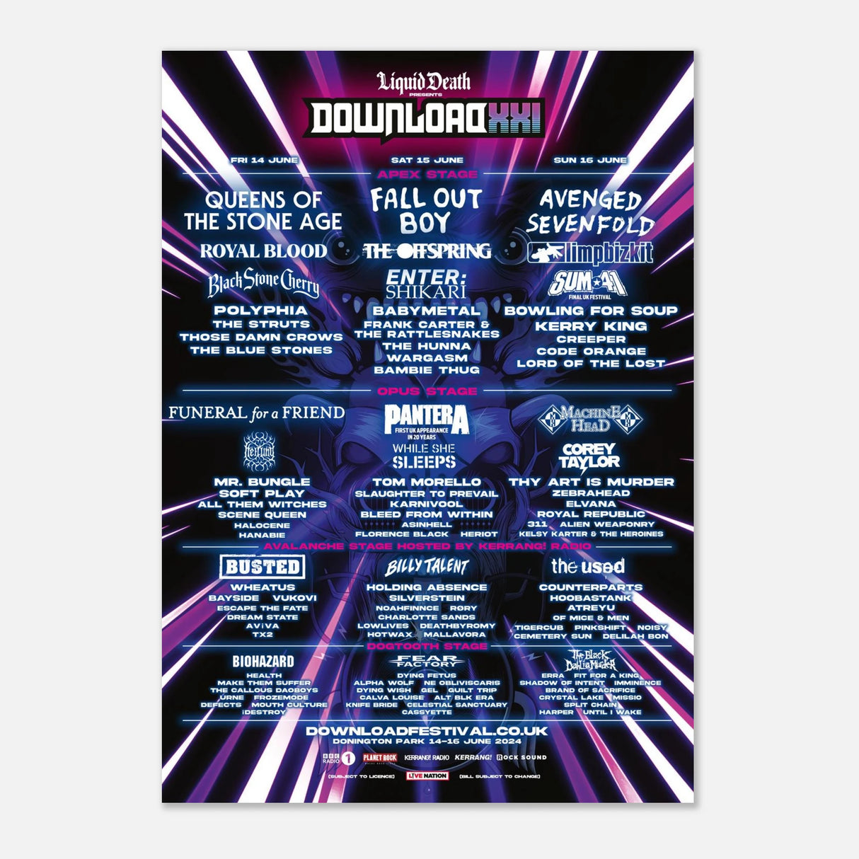 The Download 2024 Line Up Poster A2 from Download Festival Shop features a neon, futuristic design on semi-glossy paper with bands like Queens of the Stone Age and Avenged Sevenfold under dates June 14–16, 2024.
