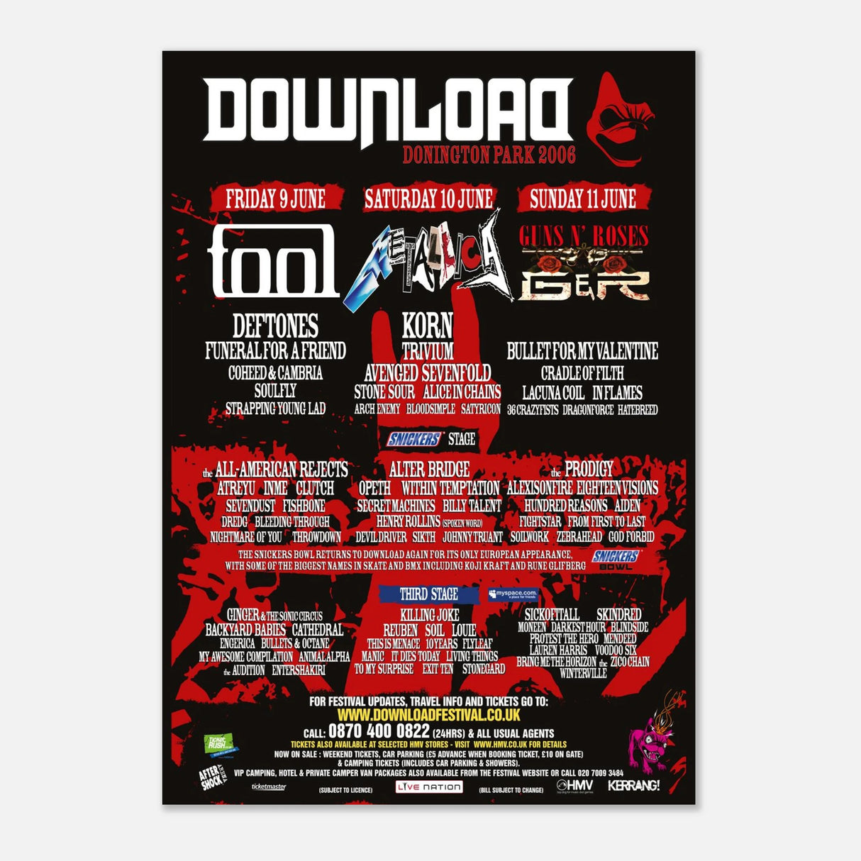 Download Festival Shop’s Download 2006 Line Up Poster A2 features headline acts Tool, Metallica, Guns N’ Roses, plus Deftones & Korn. Printed on semi-glossy paper with event dates (June 9–11) and full lineup at Donington Park.