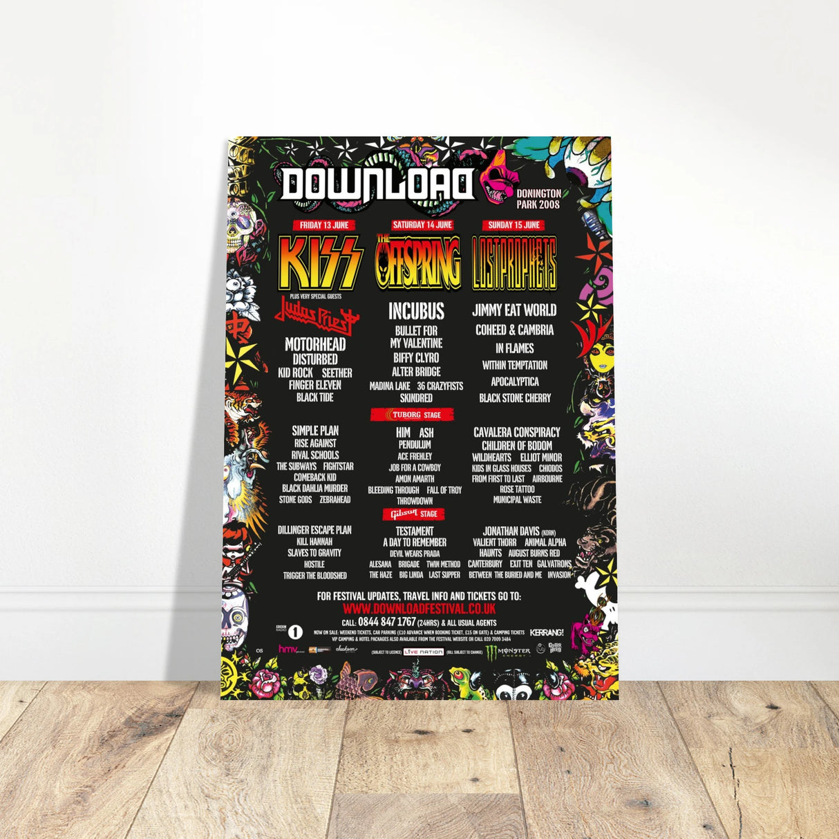 The Download Festival Shop’s Download 2008 Line Up Poster A2 features vivid graphics of headliners KISS, The Offspring, and Lostprophets on a black background with festival info below, printed on FSC-certified paper.