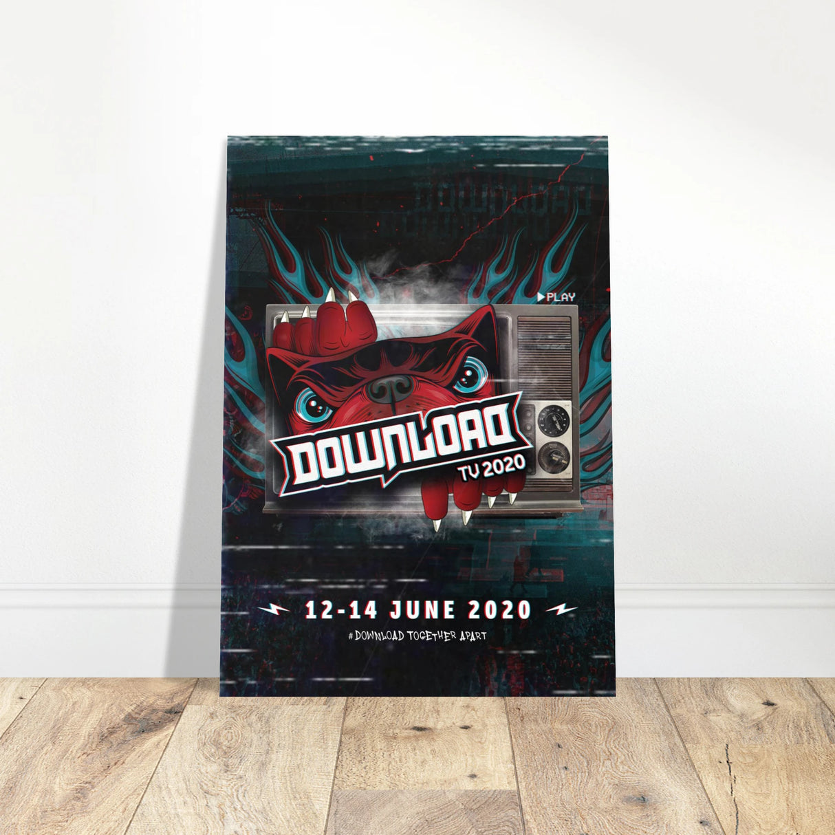 The Download 2020 Line Up Poster A2 from Download Festival Shop features a stylized red monster in sunglasses, vintage TV, dates 12-14 June 2020 on a dark background, and is printed on FSC-certified paper.