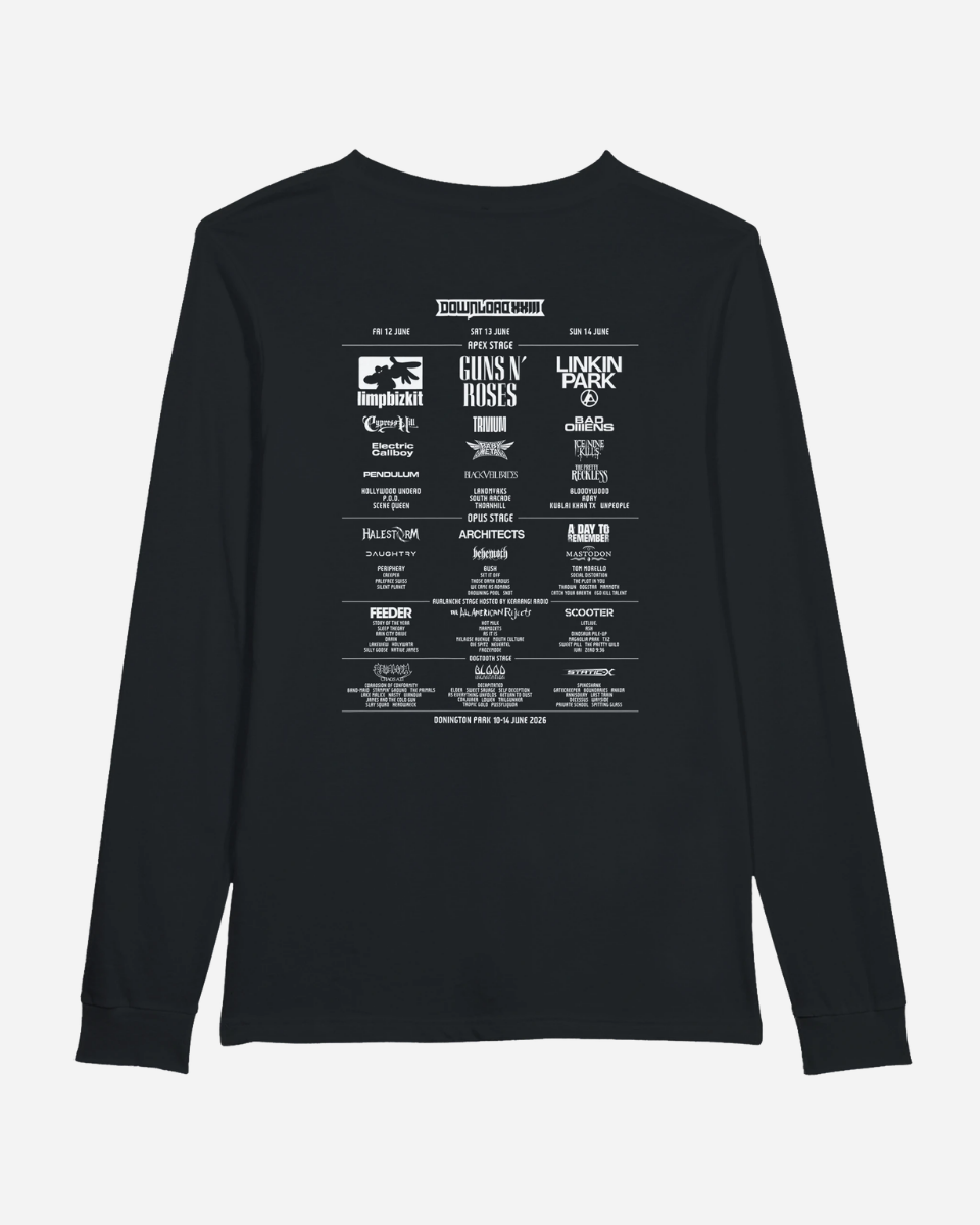 Black long-sleeve shirt with white graphic design on a white background