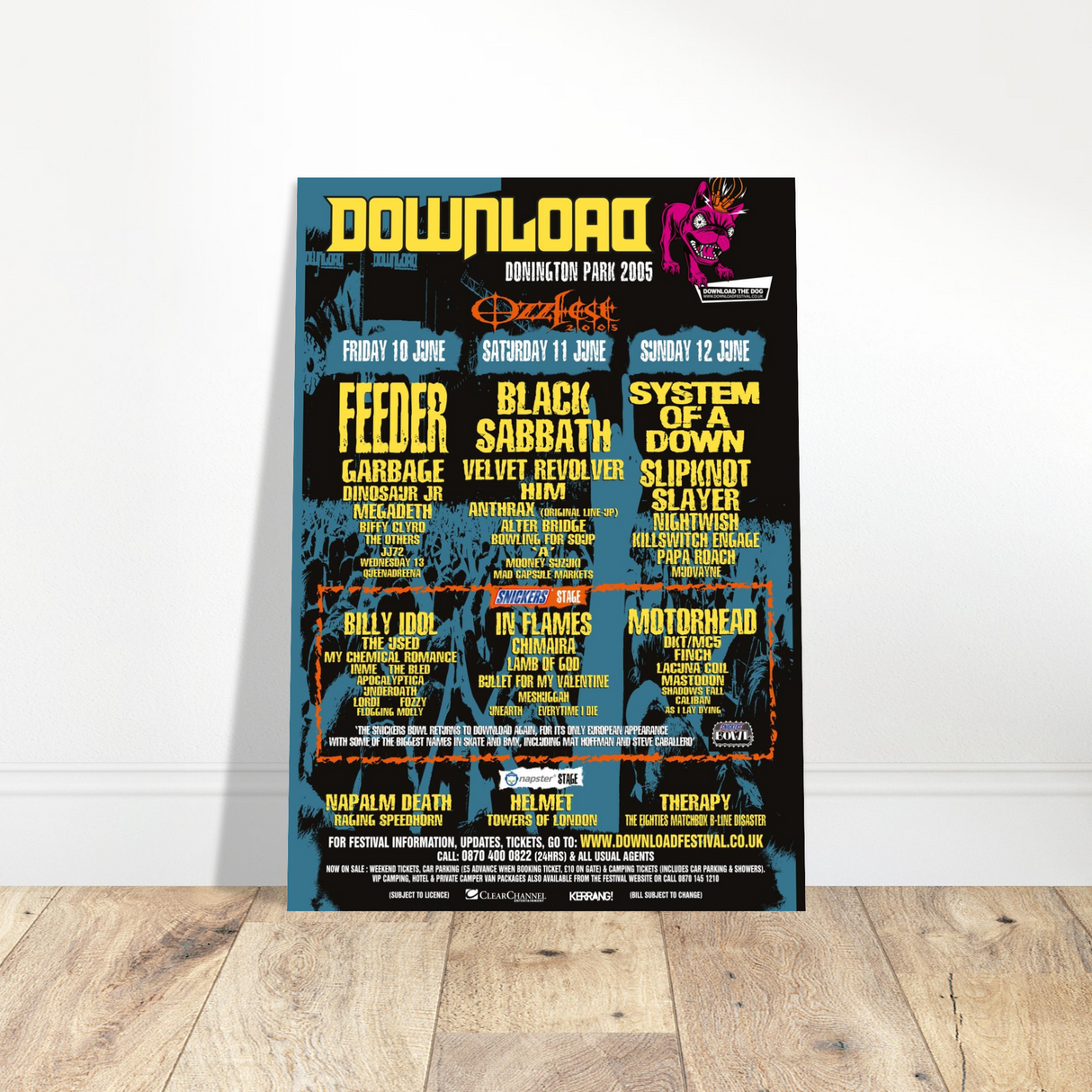 The Download 2005 Line Up Poster A2 from Download Festival Shop features Feeder, Black Sabbath, and System of a Down headlining at Donington Park, with band names over a grunge background in yellow, white, and orange text.