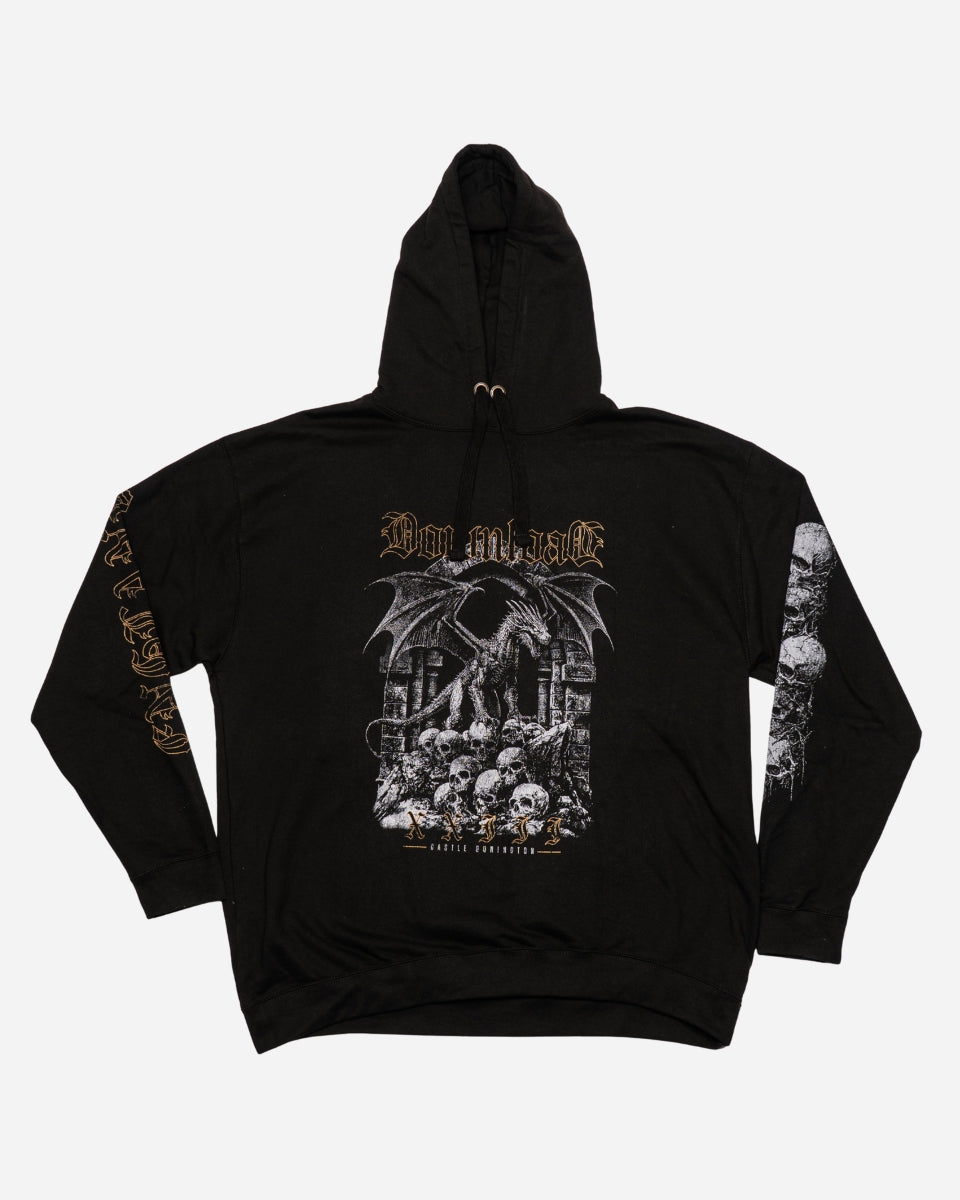 The PRE-ORDER 2026 Exclusive Line-Up Hoodie from Download Festival Shop is a black hoodie featuring gothic skeleton and skull artwork on the front and sleeves, with "Day N Night" in stylized gold lettering above the central design.