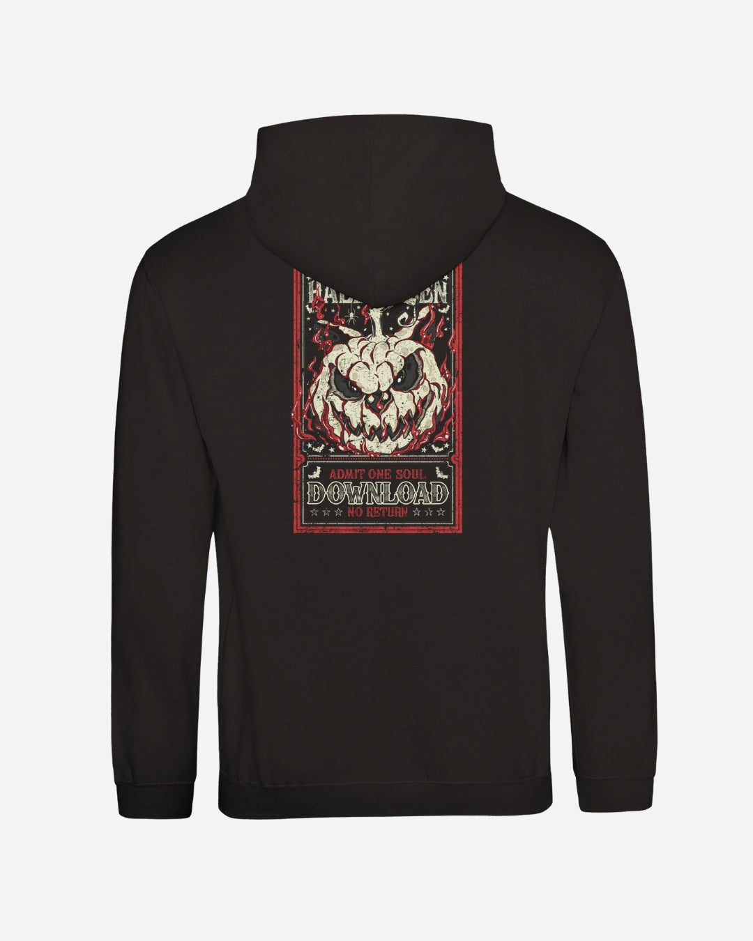 The Download Admit One Soul Hoodie from Download Festival Shop is a black ringspun cotton hoodie with a bold graphic on the back—a menacing creature above "ADMIT ONE SOUL," "DOWNLOAD," and "NO RETURN" in red, black, and beige tones. Unisex fit.