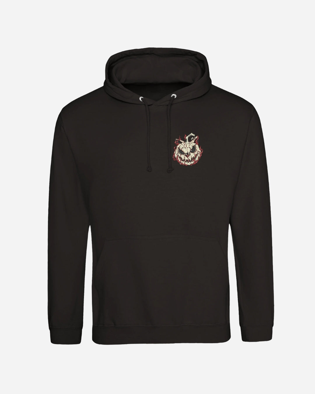 The Download Admit One Soul Hoodie from Download Festival Shop is a black hoodie with a small sinister jack-o-lantern graphic, twisted stem, and bold red accents on the left chest—ideal for an edgy style.