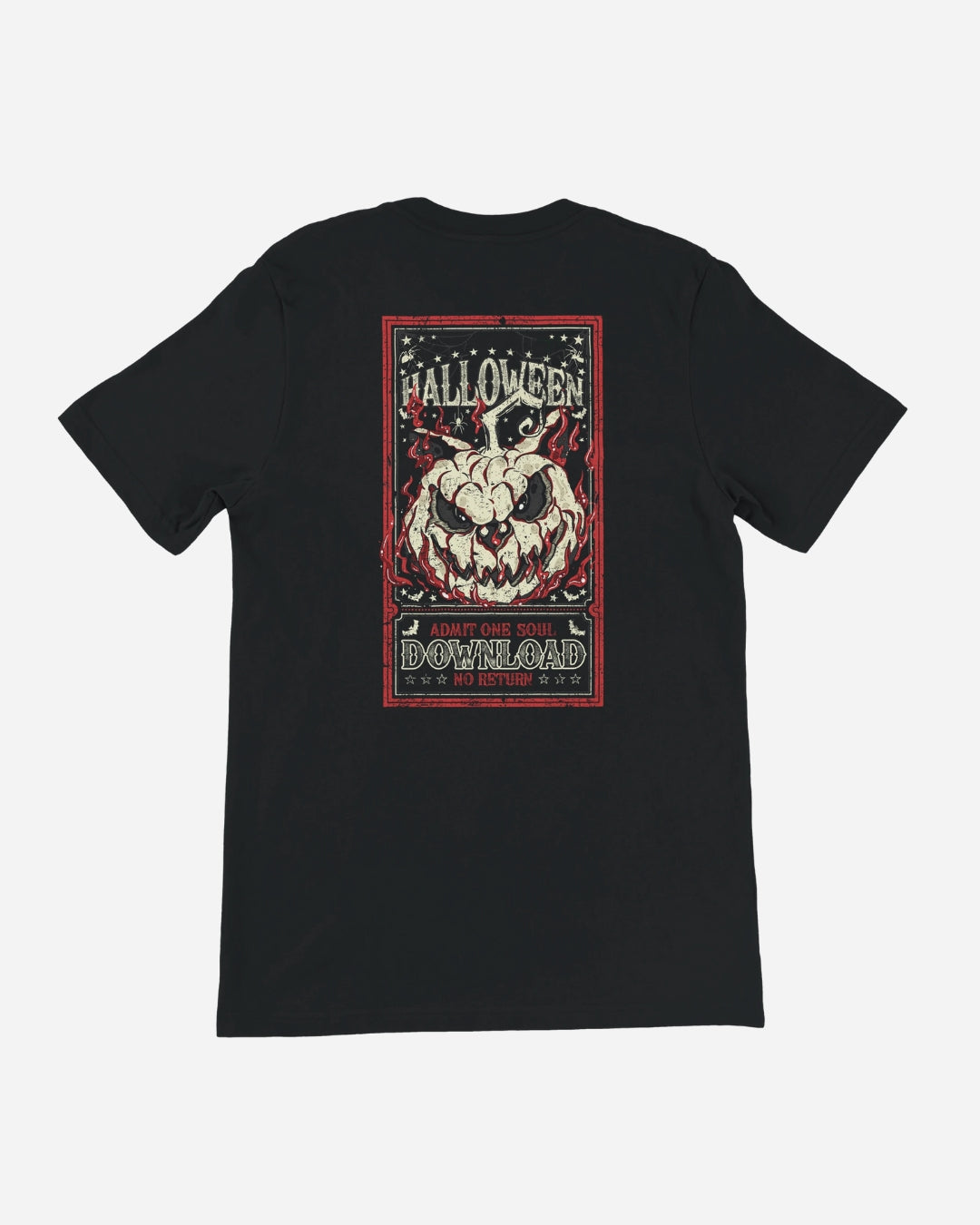 The Download Admit One Soul T-Shirt from Download Festival Shop is a black unisex tailored fit tee with DTG-printed monster hands tearing fabric and “Halloween: Admit One Soul, No Return” in a spooky vintage poster style.