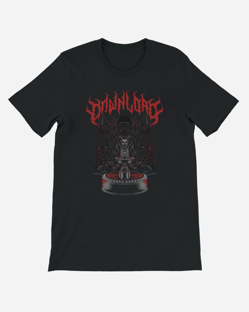 The Blood Fountain Black T-Shirt from Download Festival Shop features a red and white demonic figure with spiked wings atop a throne, bold “DOWNLINK” text, and vivid DTG-printed detail on eco-friendly Airlume combed cotton.
