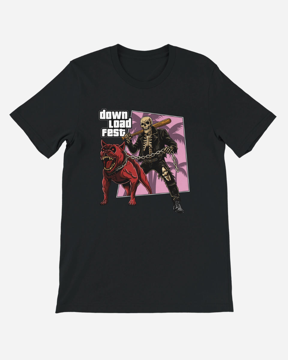 The Grand Fest Auto Black T-Shirt from Download Festival Shop features DTG-printed art of a skeleton in leather and a red dog on a pink palm background, with "Down Load Fest" text. Made from soft Airlume combed cotton.