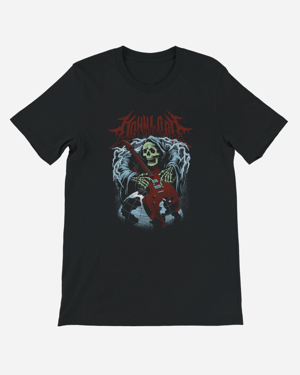 Black t-shirt with a graphic design of a skeleton holding a guitar and the word 'Familiare' on a white background.