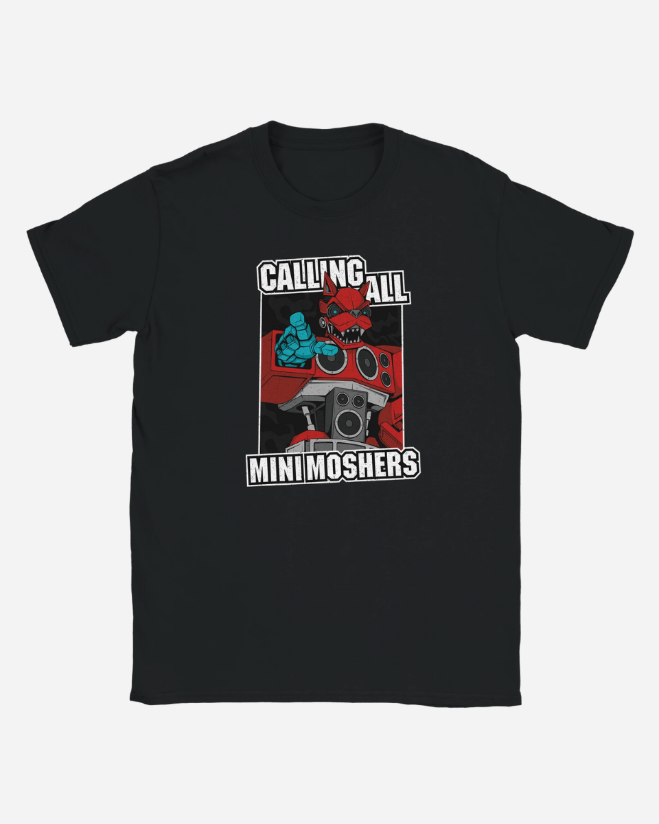 Black t-shirt with graphic design and text 'Calling All Mini Moshers' on a white background