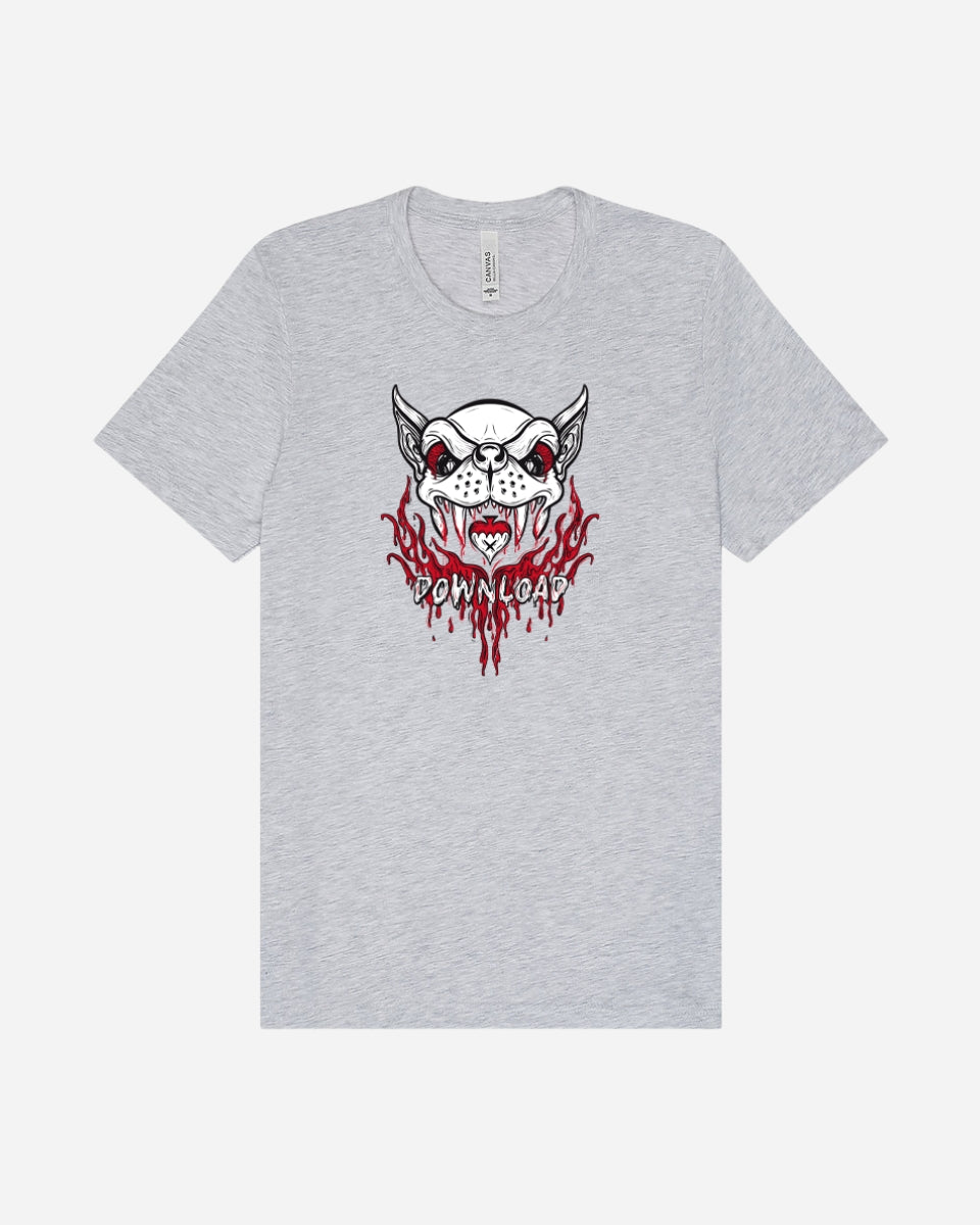 The Download Vampire Light Grey T-Shirt from Download Festival Shop features a cartoon bulldog in sunglasses with red flames and "DOWNLOAD"—crafted with eco-friendly DTG printing for vivid detail and long-lasting comfort.