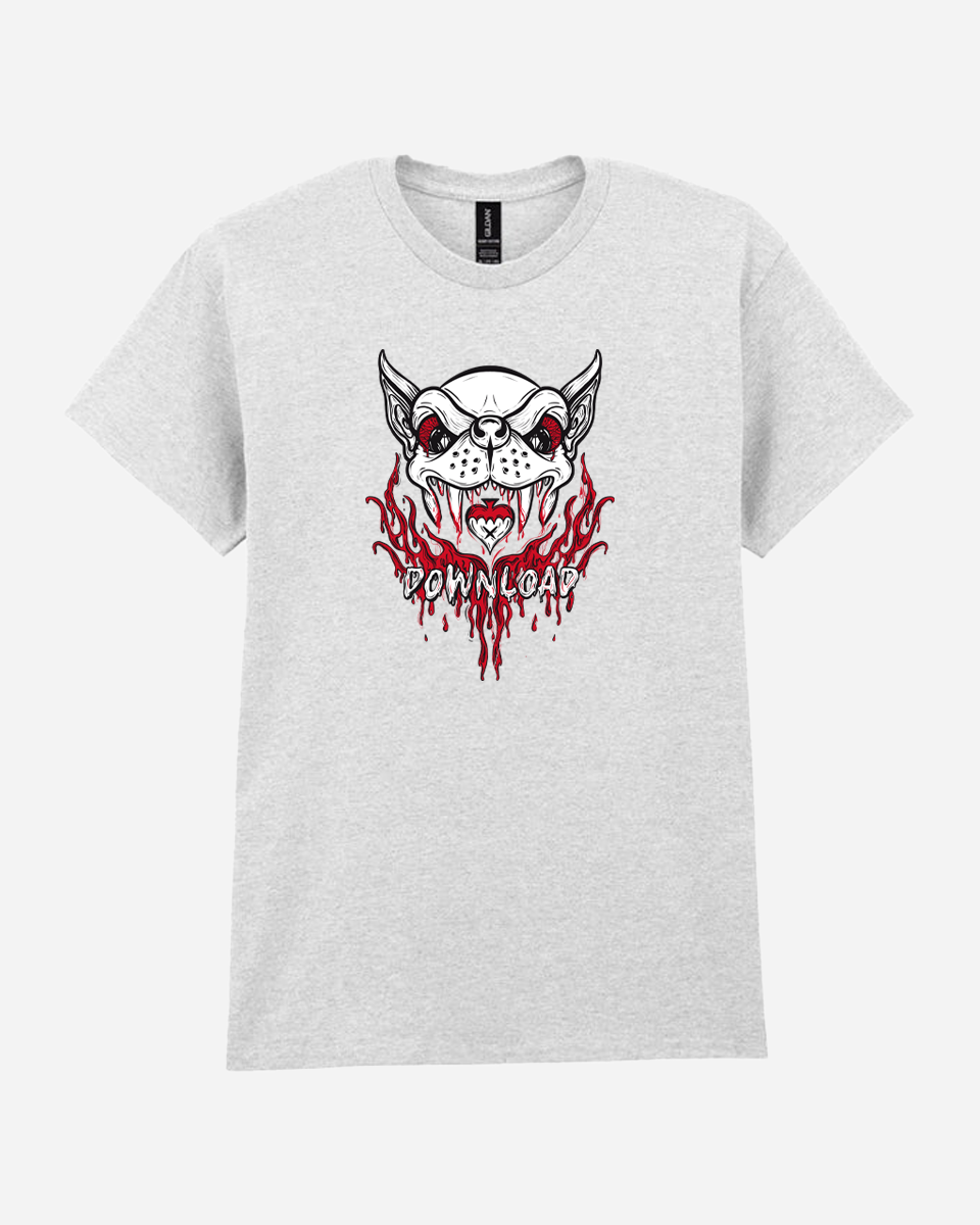 The Download Festival Shop’s Download Vampire Ash T-Shirt is a light gray heavyweight cotton tee featuring a fierce cartoon bulldog head with red eyes and dripping red accents. Designed for durable casual wear in a classic fit, this shirt showcases the word DOWNLOAD in bold, stylized white letters beneath the bulldog graphic.