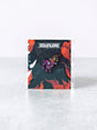 Download Festival enamel pin featuring a stylised purple dog wearing a spiked helmet with fiery orange detailing, mounted on a black backing card with red flames and the white Download logo at the top.