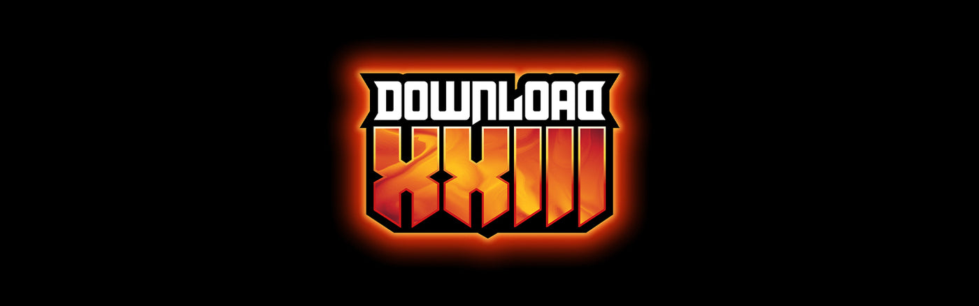 The image features the Download XXIII logo in bold, stylized white and red letters with an orange glow on a black background, representing the Download Festivals 23rd edition.