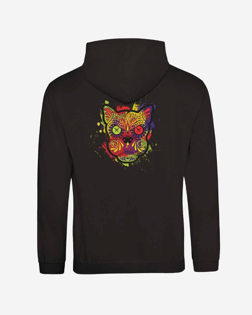Back view of the Download Day Of The Dead Hoodie by Download Festival Shop, a comfy unisex ringspun cotton hoodie featuring a vibrant abstract cat face with neon colors and X-shaped eyes for an artistic, playful style.