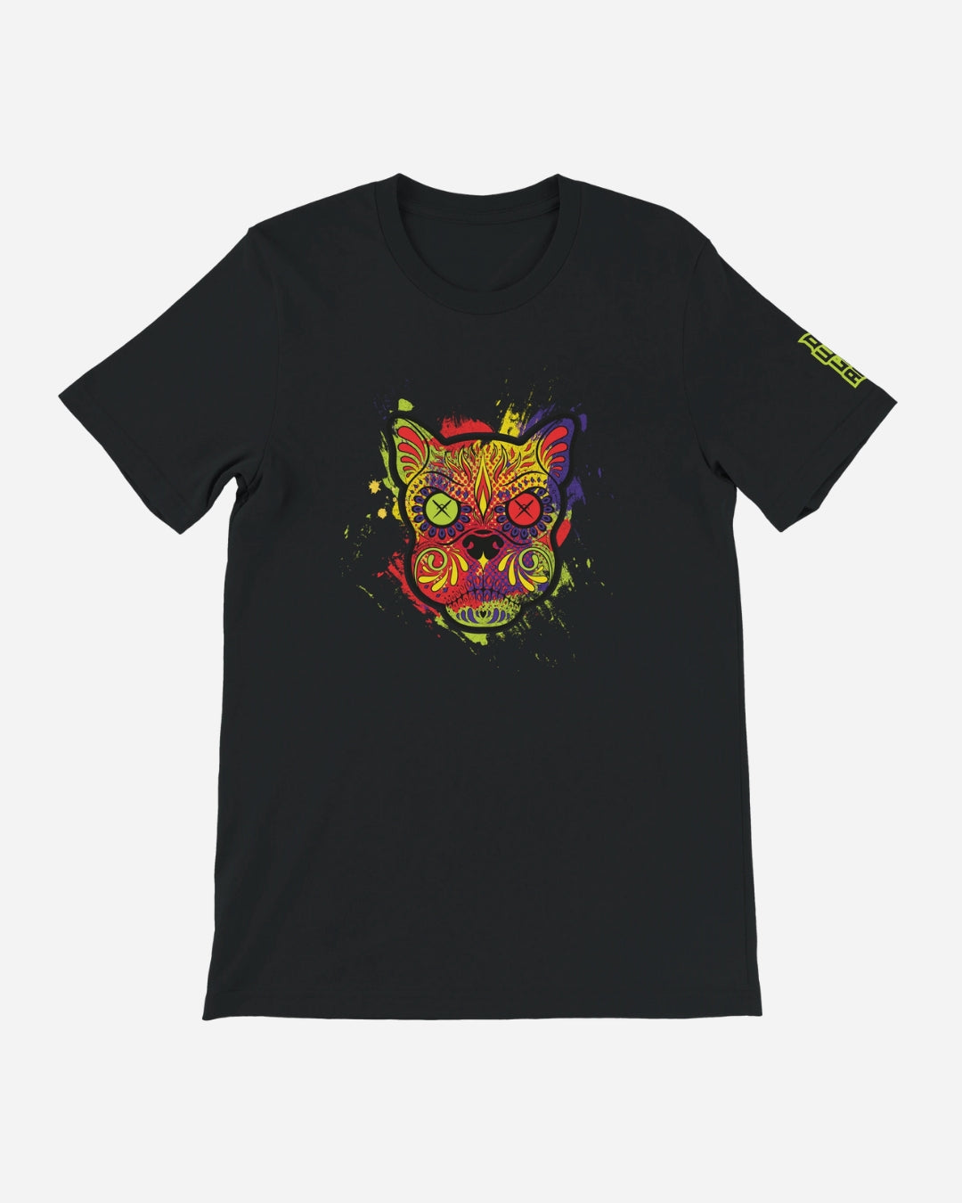 The Download Day of The Dead T-Shirt by Download Festival Shop is a black unisex tee featuring a vibrant psychedelic cat face with X-marked eyes, bold red, yellow, green, and purple patterns, plus a small yellow sleeve design. Eco-friendly DTG printed.