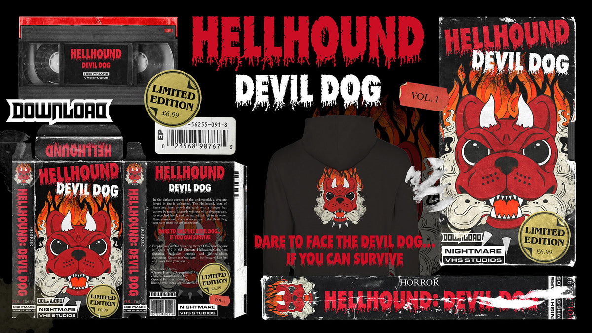 A collage featuring Hellhound Devil Dog VHS covers, a hoodie with a red devil dog graphic, a barcode sticker, limited edition stamps, and bold red and white text against a black background.