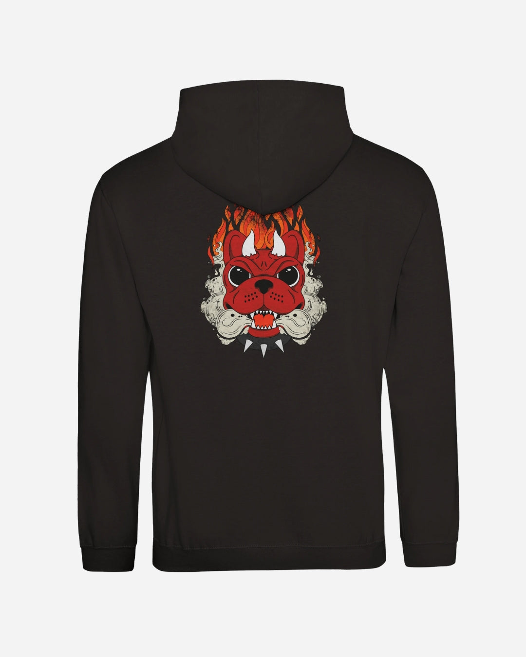 The Download Devil Dog Hoodie from Download Festival Shop is a black unisex hoodie with a bold red and orange fierce dog face, flames, and smoke on the back, made from soft ringspun cotton for comfort.