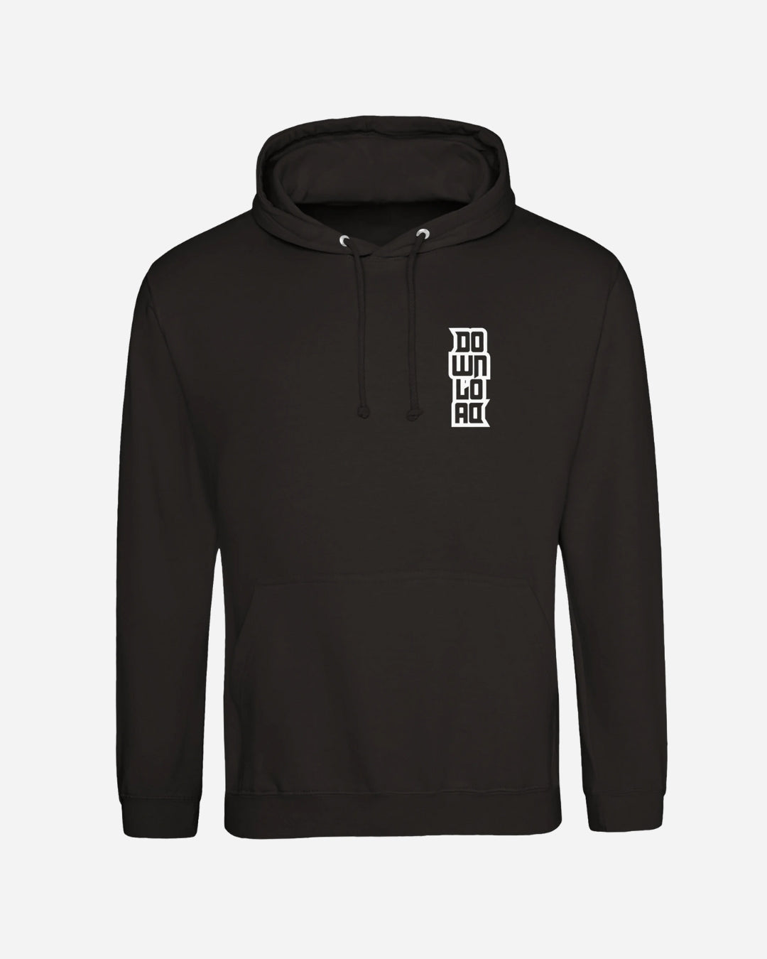 The Download Devil Dog Hoodie from Download Festival Shop is a black unisex ringspun cotton hoodie with a front pocket, drawstrings, and small white "DOWN BAD" text on the left chest—ideal for comfy everyday wear.