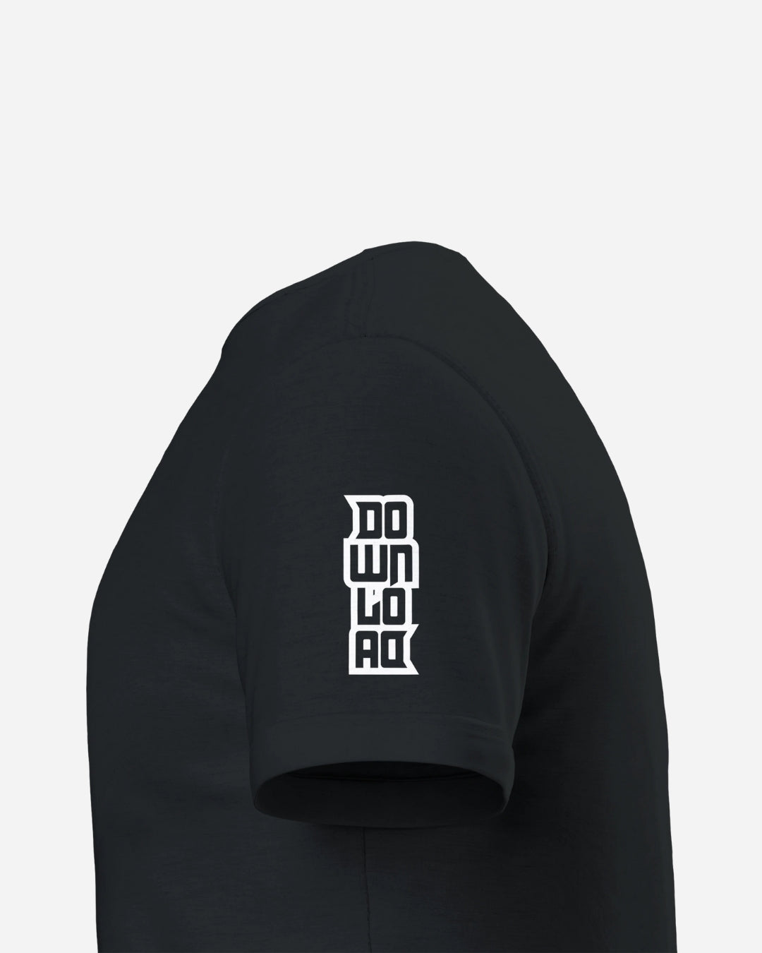 The Download Devil Dog T-Shirt from Download Festival Shop is a black, eco-friendly unisex tee with "DOWNLOAD" in bold white block letters printed vertically on the sleeve.