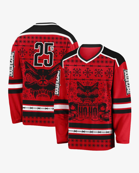 Download Festival red and black ice hockey-style jersey featuring the Download dog logo, skull graphics, barbed wire and snowflake patterns. The front displays 'Download Ho Ho' text, while the back has a large '25th' to mark the 25th anniversary. 'Download' text runs down both sleeves.